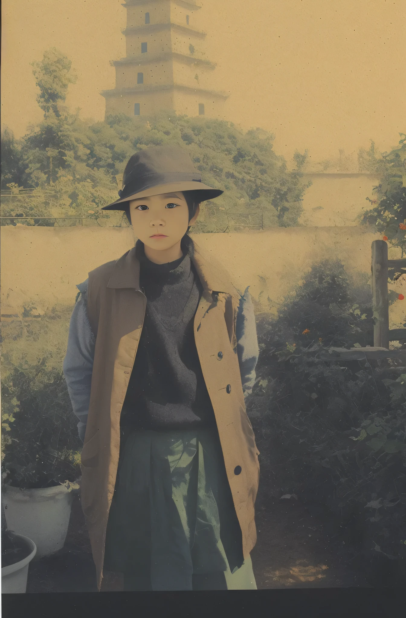 In front of the garden stood a girl, single eyelid，5 years old，There are 2 bags on the head，With bow，orange color shirt，sleeveless vest suit
