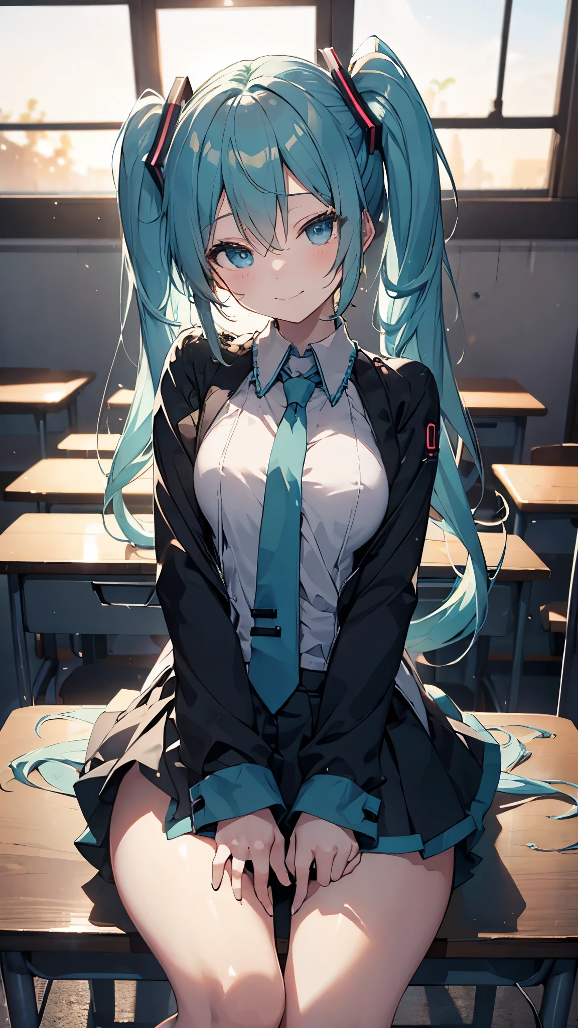 (Masterpiece,Super Detail,in 8K,best composition,moody lighting,photorealsitic,dynamic shot)1.5,view from the front,solo,(Hatsune Miku,light blue twin tail)1.3,beautiful detailed eyes,looking at the camera,close one eye,wink,mischievous smile,detailed shiny skin,cleavag,(sit on the desk,spreading legs,one index finger to mouth,the other hand to unbutton the blouse)1.5,Blouse with exposed chest,gray and black check pattern mini-skirt,cute bangles,dazzling sunset,Backlit,in classroom,particles of light