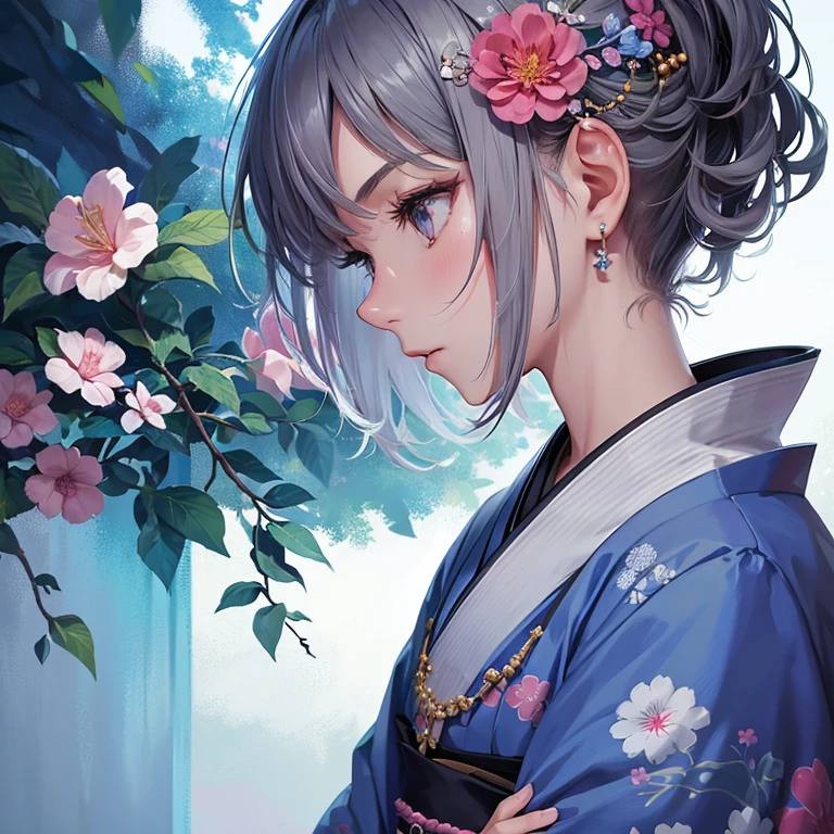 1 girl, alone, short hair, hair ornaments, jewelry, kimono, Upper body, flower, gray hair, hair flower, necklace, Side view, profile, pink flower, blue flower, abstract,