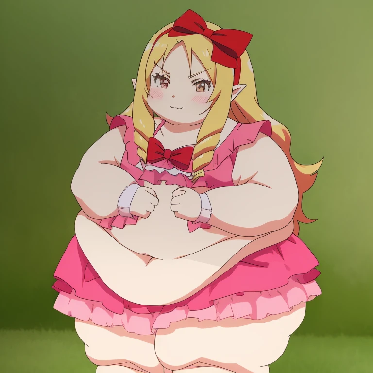 obese yamada elf, dress, obese body, cute, fat belly, fat arms, thick thighs, hairband, long_hair, pink_bikini, red_bow, , 8k, masterpiece, absurdres, anime, sexy, sunset breach background 