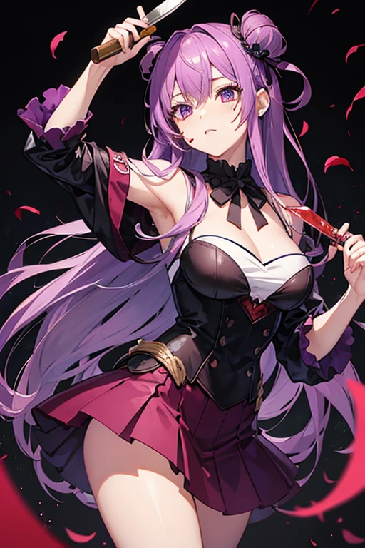 Bare shoulders,Plump breasts,tights,Holding the broken red rose in hand,long purple hair