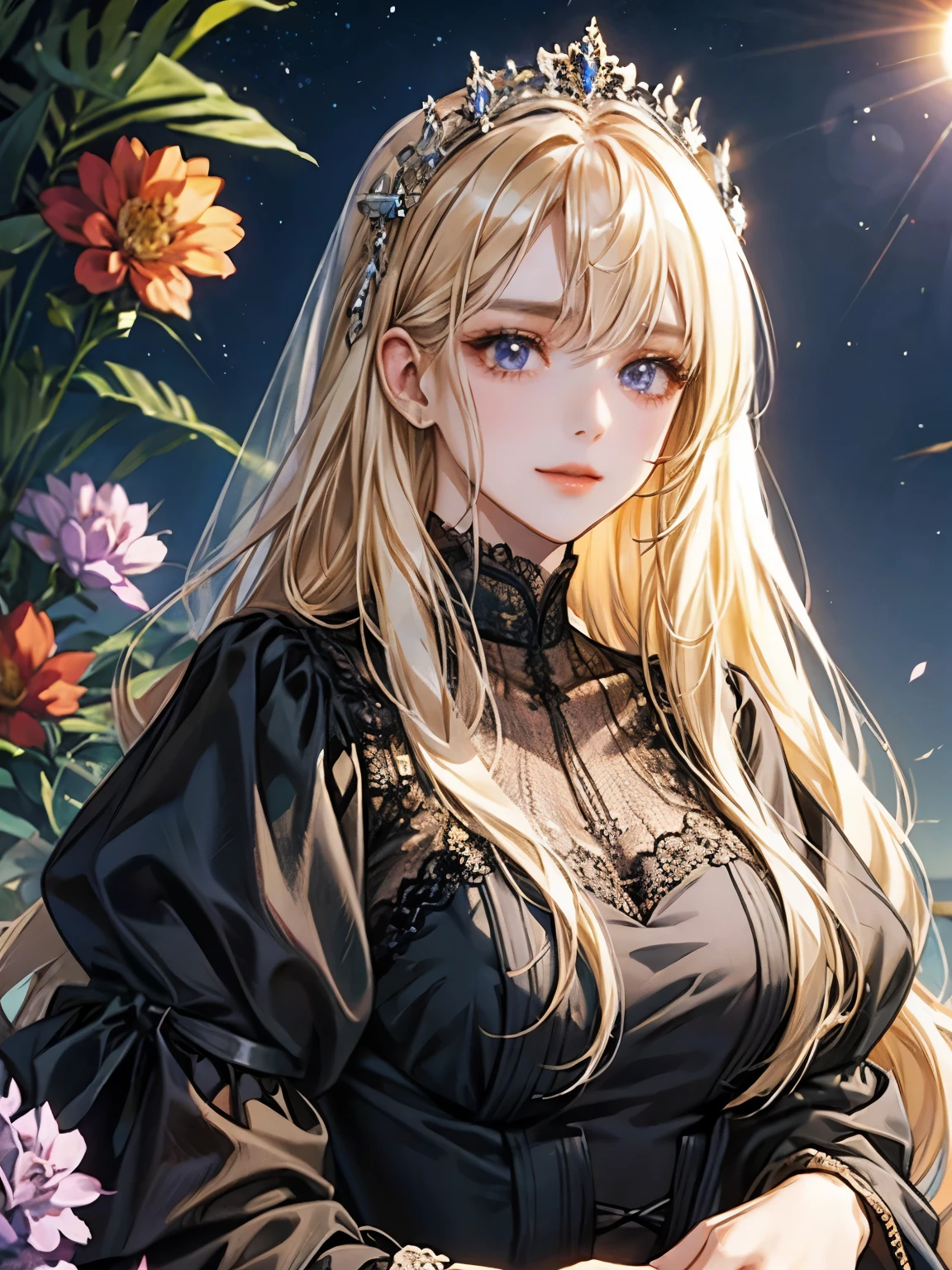 Blonde girl、long hair、straight hair、purple eyes、Wearing a black veil、black dress、Decolletage、lace dress、young girl、droopy eyes、gentle expression、Cheek smile、have flowers、detailed face、high resolution、In the sunshine、headdress、bangs