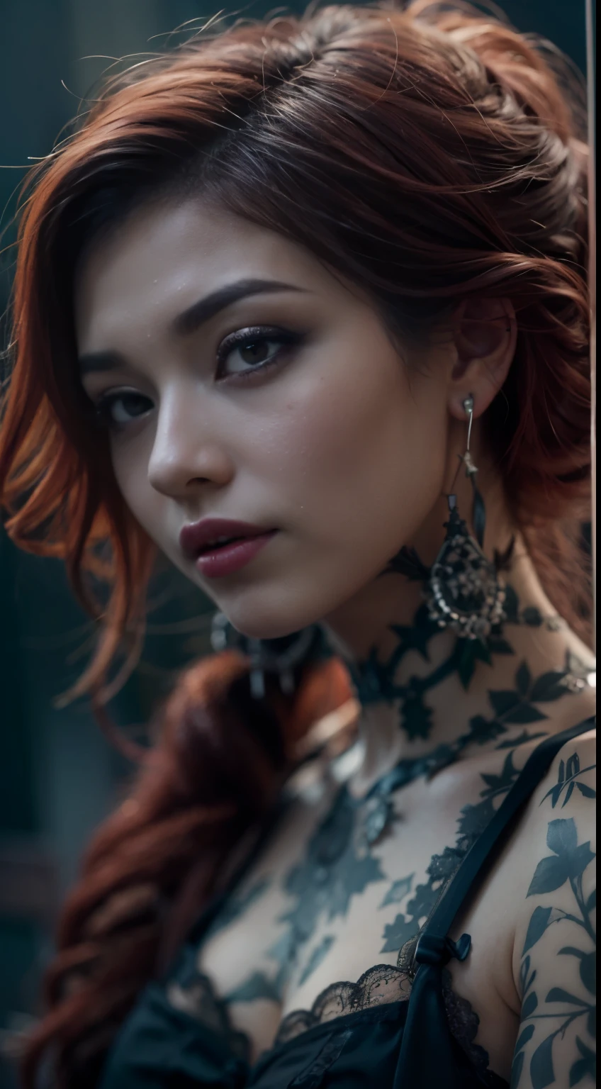 Cinematic film still, 1girl, new gothic gal, tattooed, 28yo, pale skin, innocent smile, ((lips pierced)), latex corset, ((detailed face)), (detailed skin), moist, intricate details, shallow depth of field, background creepy victorian age cemetery, [volumetric fog], cinematic lighting, reflections, photographed on a Canon EOS R5, 50mm lens, F/2.8, HDR, 8k resolution, full body, aged down, red hair, green eyes