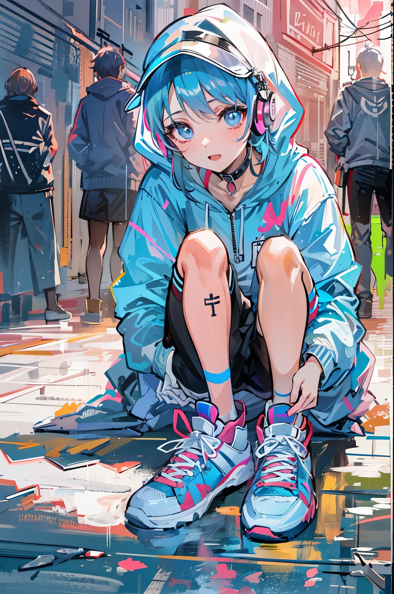 ((8K resolution))、((highest quality))、((masterpiece))、((super detailed))、1 female、solo、incredibly absurd、oversized hoodie、headphones、street、outdoor、rain、neon、short cut hair、bright colored eyes、put one's hand in one's pocket、shorts、water dripping, step piece, cool blue open short jacket, tattoo, Messy Fade Cut Hair,quirky sneakers,Eyeshadow on the eyes,unusual colored eyes, Vivid eyes,