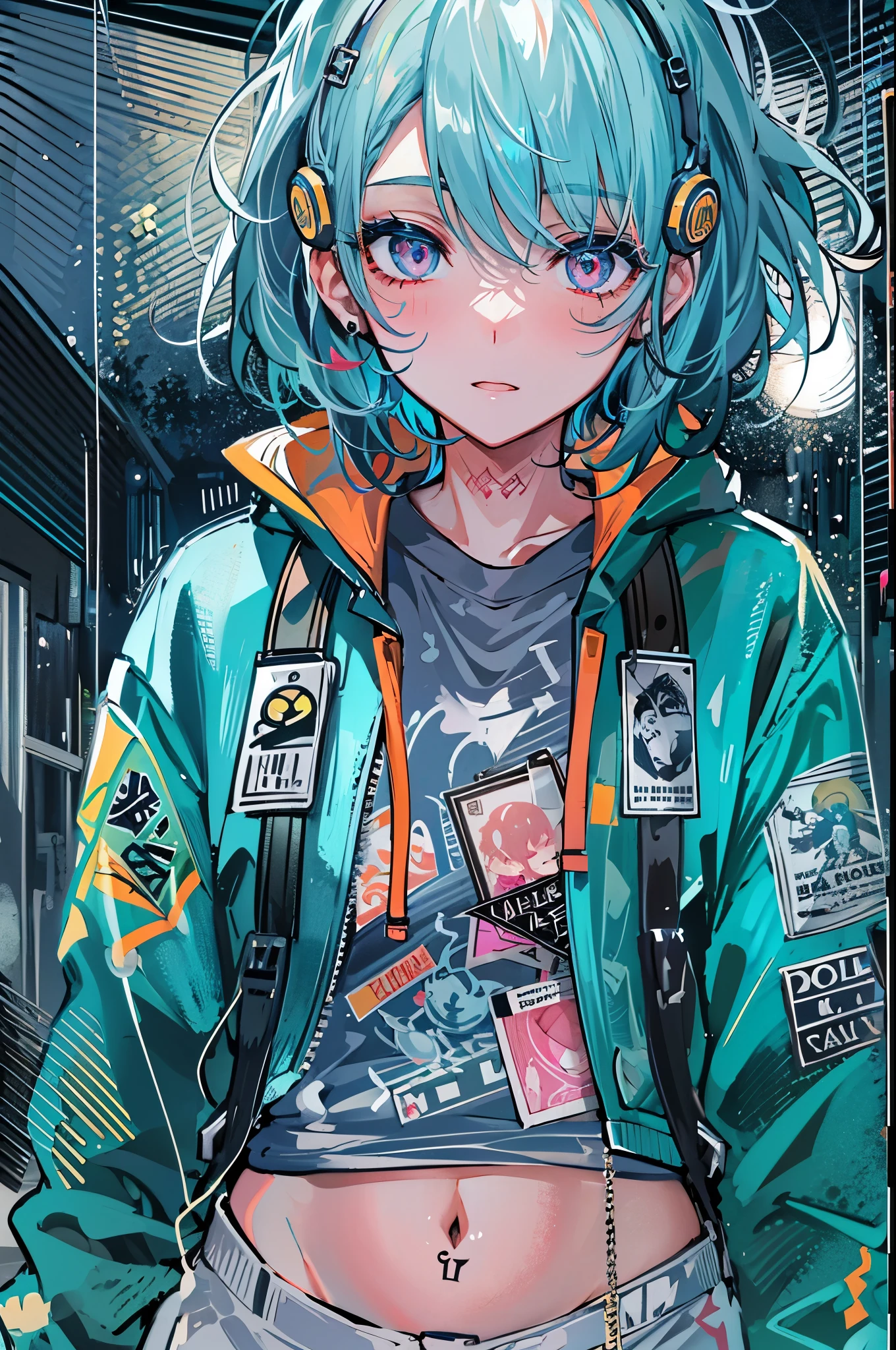 ((8K resolution))、((highest quality))、((masterpiece))、((super detailed))、1 female、solo、incredibly absurd、oversized hoodie、headphones、street、outdoor、rain、neon、short cut hair、bright colored eyes、put one's hand in one's pocket、shorts、water dripping, step piece, cool blue open short jacket, tattoo, Messy Fade Cut Hair,quirky sneakers,Eyeshadow on the eyes,unusual colored eyes, Vivid eyes,