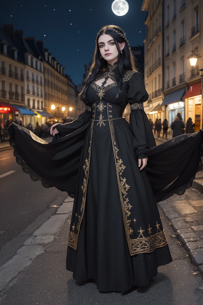 (goth girl, vestido vikings,Vegvisir na barriga, triskle dourado por toda a manga, cor do vestido,preta), (Original: 1.2), obra de arte, melhor qualidade, rosto limpo bonito, (corpo todo:1.1), Rosto 3D, olhos brilhantes, cabelo preto,brilhante, preso por um presilha em forma de concha cor roxa, pele brilhante, Sozinho, olhando para o espectador, tronco. Ambiente: noite, full moon above bright in the night sky, sem estrelas ,mas com duas nuvens ao lado da lua. The black dress is a short black party dress, the girl is waiting on the sidewalk in paris, in this black dress there is a golden Vegvisir in the center and on its sleeves we Vikings are also golden in color.