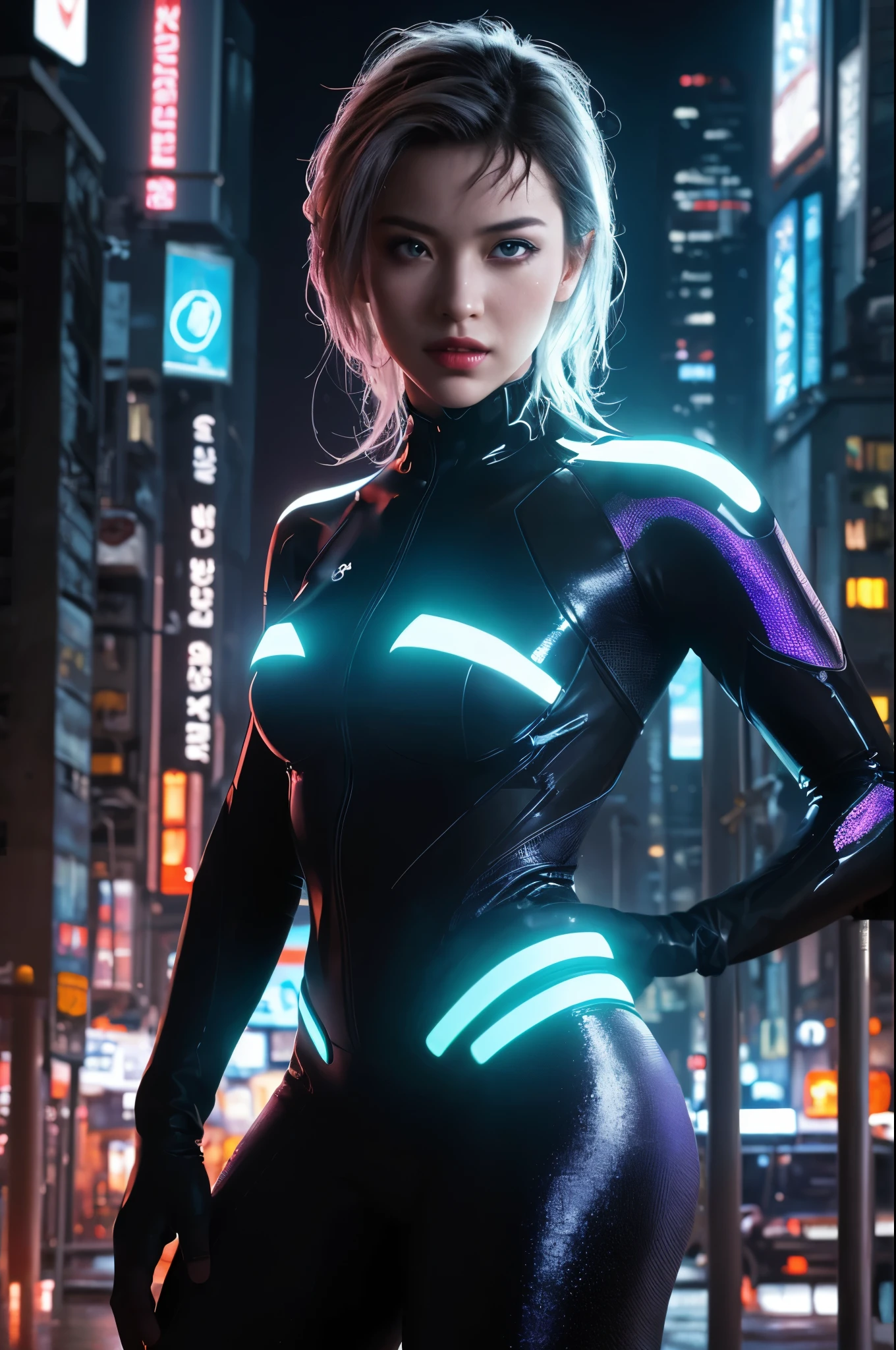 (best quality, highres:1.2), ultra-detailed, (realistic:1.37) A sexy tron girl, vibrant holographic colors, with glowing lines tracing her curves. (futuristic, cyberpunk) vibe, light projections highlighting her sleek metallic suit, (electric blue) and (neon purple) illuminating her luminous figure. She confidently strikes (strong, fierce, powerful) fighting poses, showcasing her agility and strength. (bright, sharp) eyes pierce through the darkness, (sparkling, mesmerizing) with intensity and determination. Her (luscious, glossy) lips, radiating a (subtle, seductive) smile, hint at her playful yet fierce nature. The background is a (dystopian, futuristic) cityscape filled with towering skyscrapers, (reflecting off the wet streets, adorned with holographic billboards) casting an (eerie, vibrant) glow. Strategically positioned (light beams, spotlights), (accentuating, illuminating) her silhouette, draw attention to her captivating presence. The painting style is a mix of (digital illustration, digital painting), combining (photo-realistic) details with (stylized, sleek) elements. The entire scene bathes in a (cool, neon) color palette, with (bright, contrasting) hues adding depth and interest. The lighting is (dynamic, dramatic), casting (shadows, highlights) that bring depth and dimension to the tron girl and the surroundings.