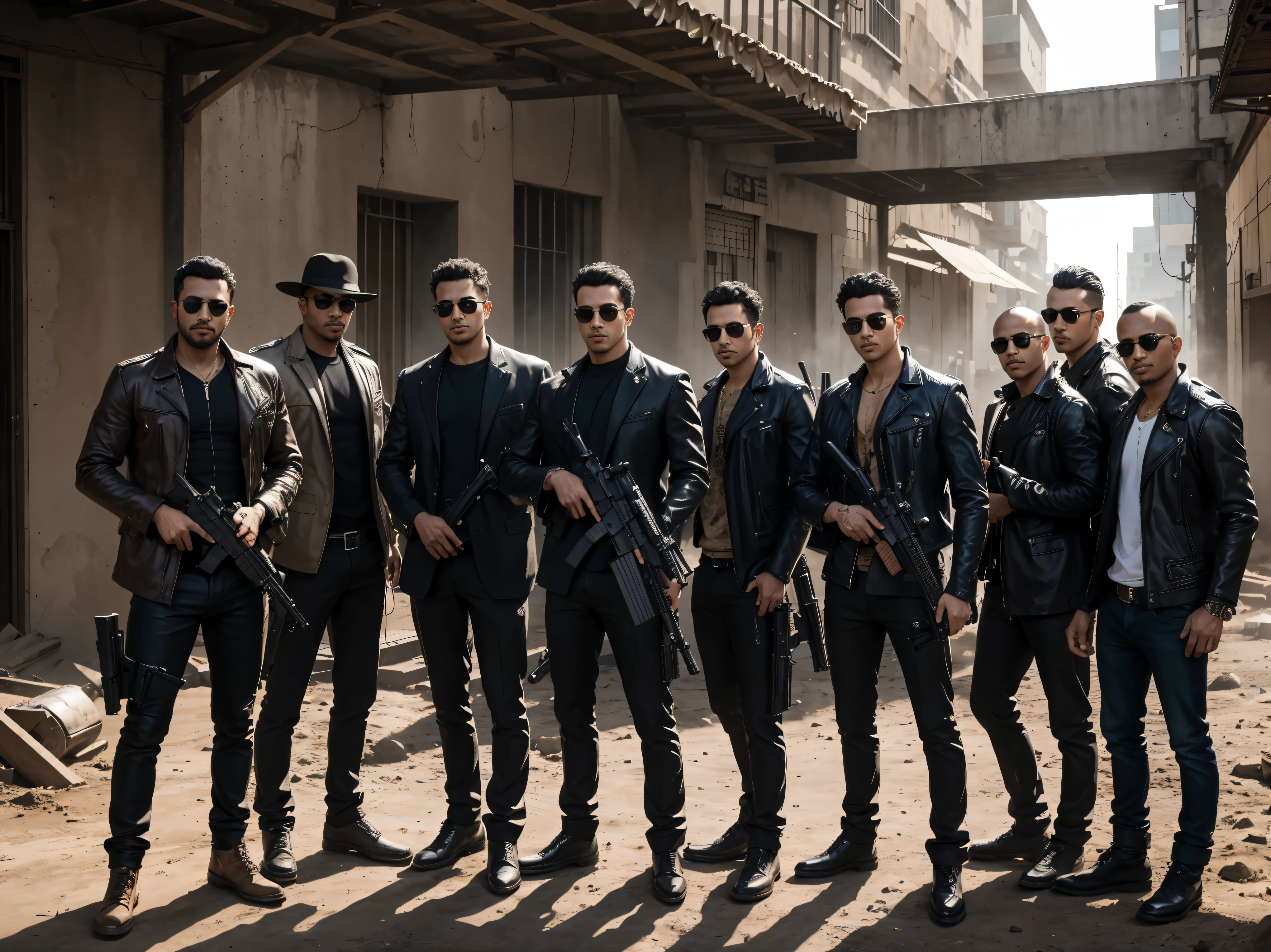 Generate a picture of 4 men and Each one are holding guns . The upper part of all of them are naked and They have their self name tatoo on their chest. The leader name is Toxic 01 and other three names are Toxic 03 , Toxic 00 , Toxic 08.  All names tatoo should clearly visible. They all are standing in front of a old blue dacia car . BGMI PARTNER are printed on car front bonate. This are are situated in infected area.