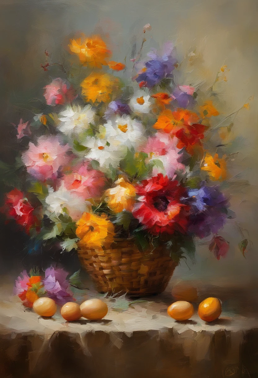 painting of a basket of flowers with eggs on a table, a pastel by László Balogh, shutterstock, fine art, oil painting in a modern style, digital art oil painting, realistic flowers oil painting, oil digital painting, oil painting style, still life with flowers, oil painting 4 k, oil painting 4k, oil painting. hd
