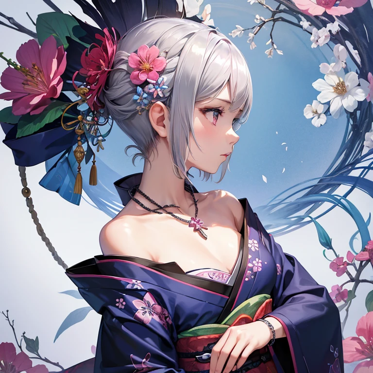 1 girl, alone, short hair, hair ornaments, jewelry, kimono, Upper body, flower, gray hair, hair flower, necklace, Side view, profile, pink flower, blue flower, abstract, 鮮やかはflower、flowerが舞う