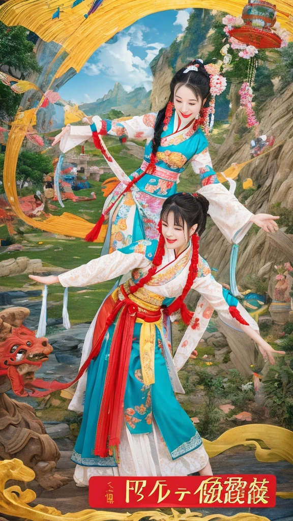 An ancient Chinese painting scroll，In the picture，The girl Chang&#39;e in gorgeous Hanfu，Charming，Curved eyebrows，slender eyes，Flying to the sky in Dunhuang style，Lightweight，The clothes are fluttering，like a dance in the air。She moves vigorously and gracefully，Complementing the ancient murals，During parkour，She makes some difficult moves from time to time，like rolling、jump、Taxi etc.，Elegant and agile posture，Combined with traditional Chinese cultural elements，Demonstrates the wisdom and strength of the Chinese nation，The whole picture is rich in color，with magnificence、Antique as the main tone。The bright colors of the murals in the Blue Rock Grottoes，Express youth and vitality；The girl Chang&#39;e&#39;s Hanfu is made of traditional Chinese red.、Bright yellow and other bright colors，Strong contrast with the background，Make the picture more vivid。The spectacular Dunhuang Grottoes in the background，Colors are warm，Showing the thickness and traces of time。In the picture心，A winding grotto corridor leads into the distance，The murals on both sides are lifelike，It's like telling an old story。There are also elements of traditional Chinese culture in the picture，Chinese dragon，Dragon culture，kite、paper lanterns、Chinese knot，national current，anime illustration，Featuring a playful character design style，Ultra high definition animation CG，3D rendering，Beautiful two-dimensional，Spring Festival poster，ultra HD16k