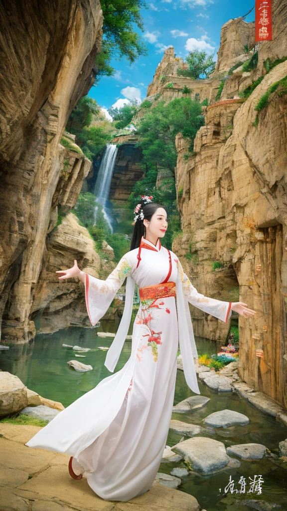 An ancient Chinese painting scroll，In the picture，The girl Chang&#39;e in gorgeous Hanfu，Charming，Curved eyebrows，slender eyes，Flying to the sky in Dunhuang style，Lightweight，The clothes are fluttering，like a dance in the air。She moves vigorously and gracefully，Complementing the ancient murals，During parkour，She makes some difficult moves from time to time，like rolling、jump、Taxi etc.，Elegant and agile posture，Combined with traditional Chinese cultural elements，Demonstrates the wisdom and strength of the Chinese nation，The whole picture is rich in color，with magnificence、Antique as the main tone。The bright colors of the murals in the Blue Rock Grottoes，Express youth and vitality；The girl Chang&#39;e&#39;s Hanfu is made of traditional Chinese red.、Bright yellow and other bright colors，Strong contrast with the background，Make the picture more vivid。The spectacular Dunhuang Grottoes in the background，Colors are warm，Showing the thickness and traces of time。In the picture心，A winding grotto corridor leads into the distance，The murals on both sides are lifelike，It's like telling an old story。There are also elements of traditional Chinese culture in the picture，Chinese dragon，Dragon culture，kite、paper lanterns、Chinese knot，national current，anime illustration，Featuring a playful character design style，Ultra high definition animation CG，3D rendering，Beautiful two-dimensional，Spring Festival poster，ultra HD16k