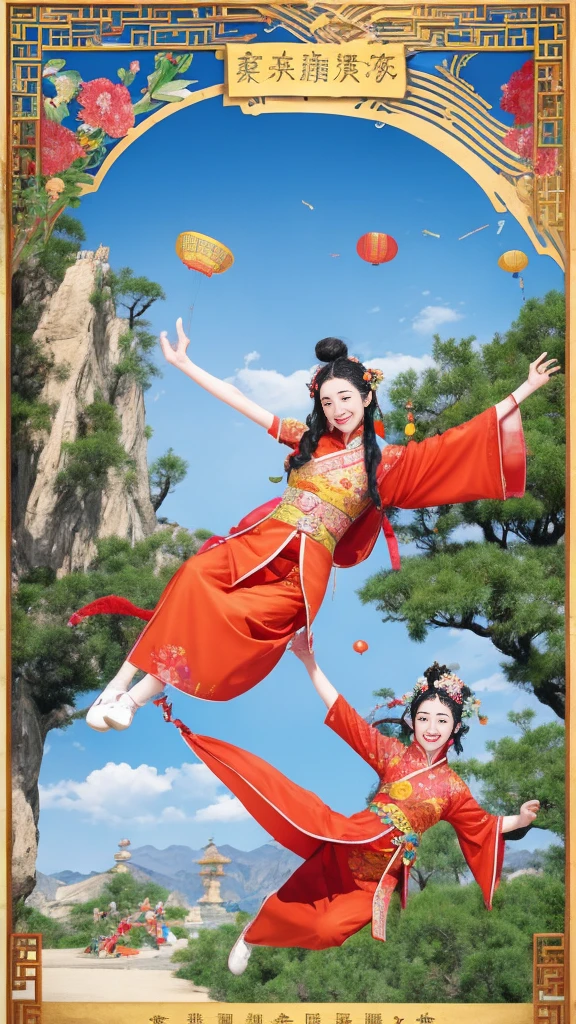 An ancient Chinese painting scroll，In the picture，The girl Chang&#39;e in gorgeous Hanfu，Charming，Curved eyebrows，slender eyes，Flying to the sky in Dunhuang style，Lightweight，The clothes are fluttering，like a dance in the air。She moves vigorously and gracefully，Complementing the ancient murals，During parkour，She makes some difficult moves from time to time，like rolling、jump、Taxi etc.，Elegant and agile posture，Combined with traditional Chinese cultural elements，Demonstrates the wisdom and strength of the Chinese nation，The whole picture is rich in color，with magnificence、Antique as the main tone。The bright colors of the murals in the Blue Rock Grottoes，Express youth and vitality；The girl Chang&#39;e&#39;s Hanfu is made of traditional Chinese red.、Bright yellow and other bright colors，Strong contrast with the background，Make the picture more vivid。The spectacular Dunhuang Grottoes in the background，Colors are warm，Showing the thickness and traces of time。In the picture心，A winding grotto corridor leads into the distance，The murals on both sides are lifelike，It's like telling an old story。There are also elements of traditional Chinese culture in the picture，Chinese dragon，Dragon culture，kite、paper lanterns、Chinese knot，national current，anime illustration，Featuring a playful character design style，Ultra high definition animation CG，3D rendering，Beautiful two-dimensional，Spring Festival poster，ultra HD16k