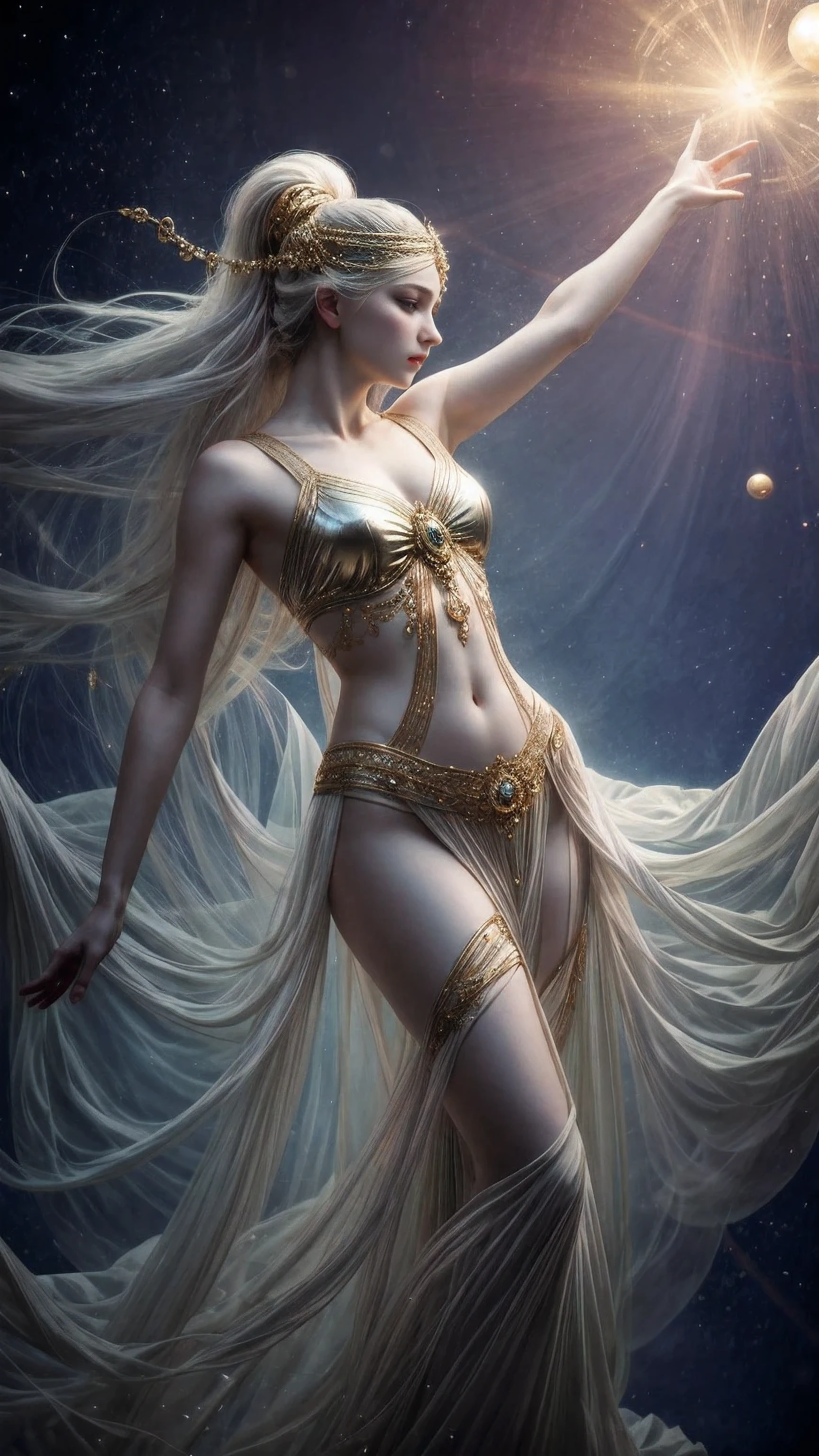 "A reinterpretation of 'La Danseuse de Delphi' envisions a mystical scene where the dancer twirls amidst floating orbs of soft light. The dancer's attire blends neoclassical elements with a touch of futuristic flair, creating a unique and captivating visual. The art style draws inspiration from the dreamlike works of Maxfield Parrish, infusing the scene with surreal colors and a luminous atmosphere. The camera, using a wide-angle lens, captures the dancer in a long shot, highlighting both her fluid movements and the enchanting orbs. The image should be rendered with vibrant, fantasy vivid colors, adding a touch of magic to the classical dance."
