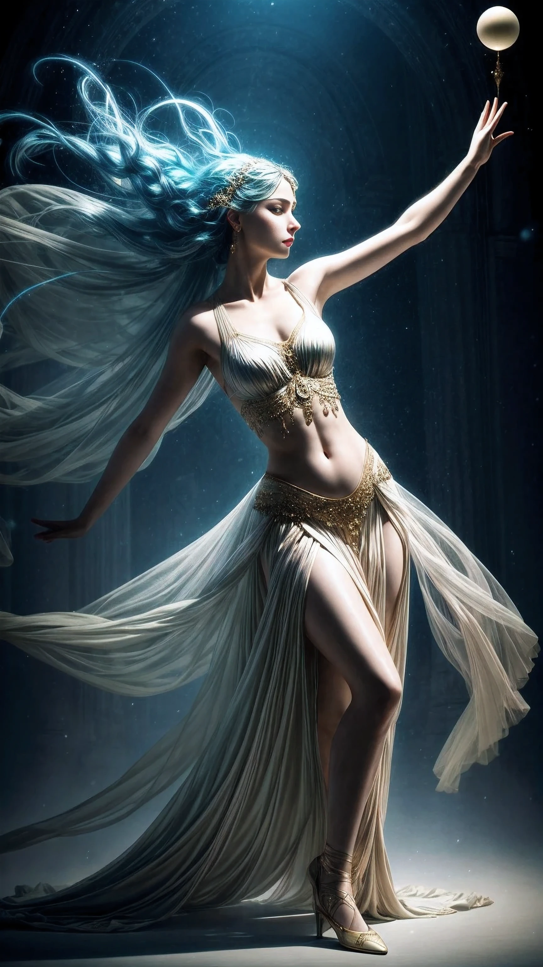 "A reinterpretation of 'La Danseuse de Delphi' envisions a mystical scene where the dancer twirls amidst floating orbs of soft light. The dancer's attire blends neoclassical elements with a touch of futuristic flair, creating a unique and captivating visual. The art style draws inspiration from the dreamlike works of Maxfield Parrish, infusing the scene with surreal colors and a luminous atmosphere. The camera, using a wide-angle lens, captures the dancer in a long shot, highlighting both her fluid movements and the enchanting orbs. The image should be rendered with vibrant, fantasy vivid colors, adding a touch of magic to the classical dance."
