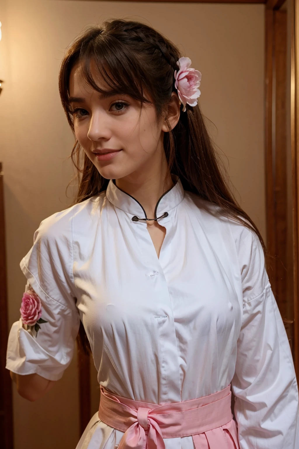 1girl,smile,upper_body,peony flower pattern,peony,hanfu,spot_color background,long hair,(realistic:1.2),best quality,masterpiece,