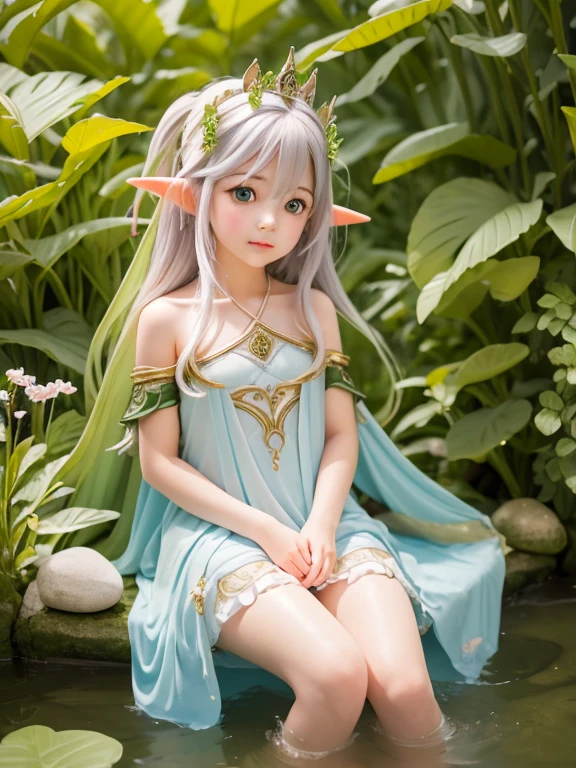 High resolution、High level image quality、8K、real live action、Raw photo、highest quality、masterpiece、12 year old elf girl、water play、flat chest、unparalleled beauty、Princess、Wearing a tiara on your head、young face、(((beautiful girl)))、cover one&#39;s body with cloth、bath、Swimwear with a lot of exposure