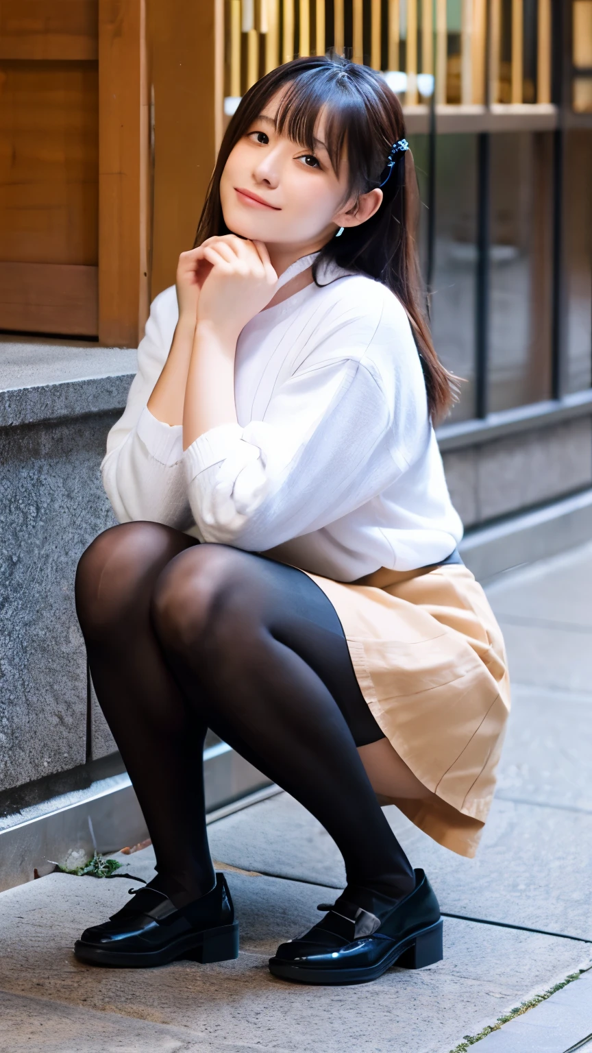 skirt、woman、Japanese、beautiful girl、black tights、squat