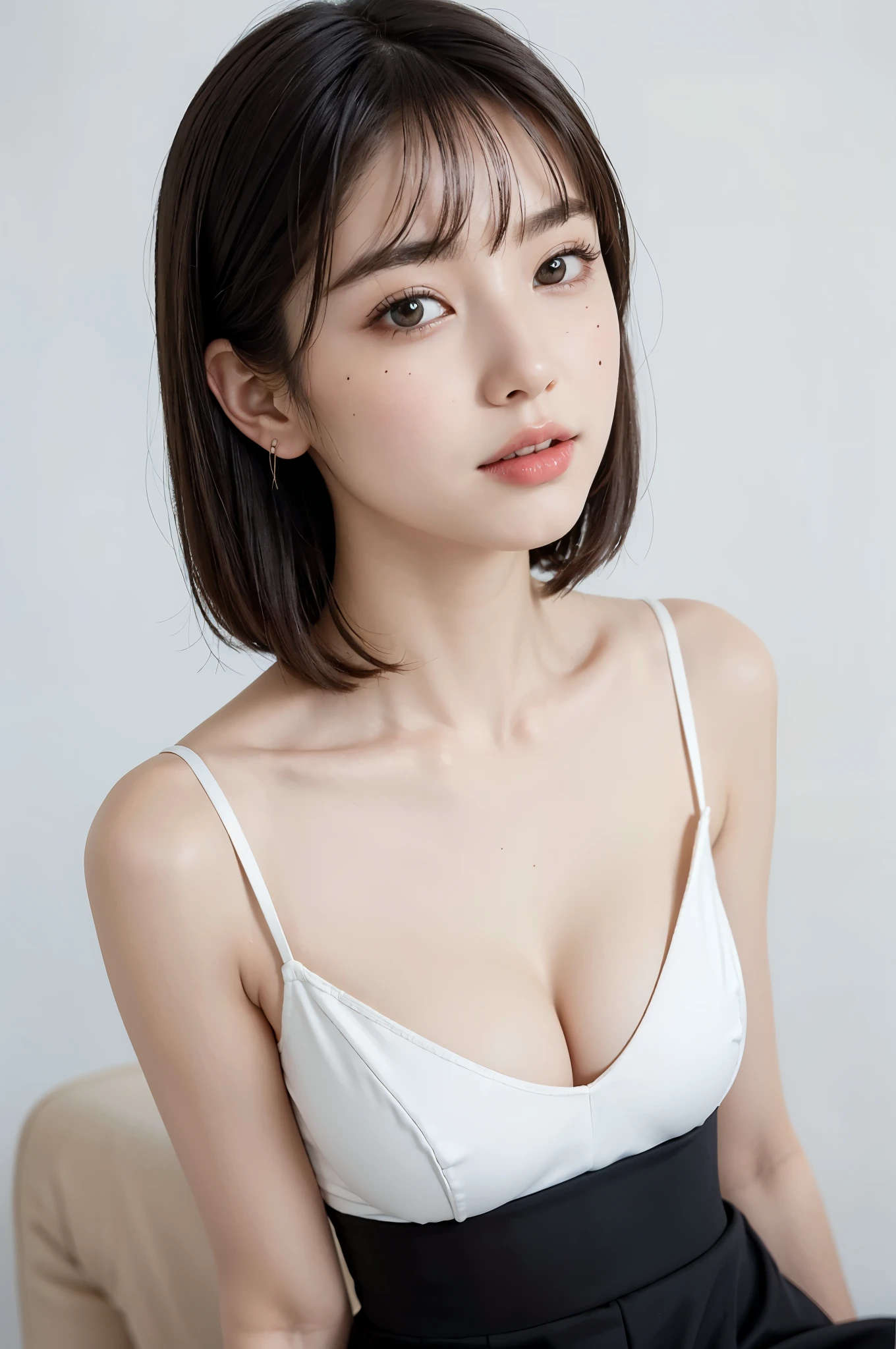 SeaArt variant 13:44:05 ((masterpiece, best quality, HD)), 1 girl, (lifelike: 1.4), alone, White background, Pure White background, mouth closed, a happy expression, a happy expression, Nice black hair, short hair, big eyes, clear double eyelids, eyelash, ears sticking out, long neck, absolute area, skirt, ((face close-up) ), (Draw all the heads, Shoulder), 19 years old, Attractive proportions, shiny skin, Clean collarbone, Golden ratio of the face, perfect face, tear nevus, There is a mole on the chest, Bangs, clean Bangs, lip gloss, thin lips, White skin, naked, big breasts