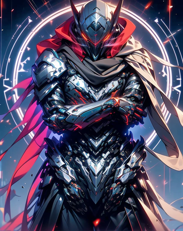 realistic,shiny,reflective,bioluminic, galactic cybernetic mask,mecha,(assassin:1.2),((((scarf,long cloak)))),sh4g0d,GlowingRunes_red,fullbody,cinemnatic,dark background,backlight,high contrast,