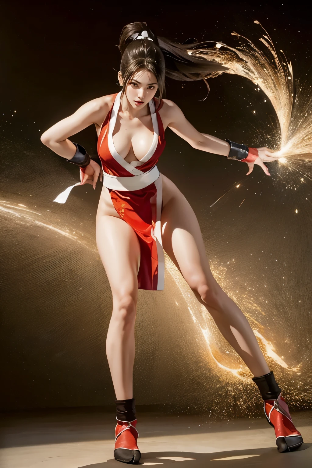 (mai shiranui:1.5), (tabi:1.7), (Full body portrait:1.7), (Realism), (master piece:1.5), (Best Quality), (ultra-detailliert), (8K, 4K, Convoluted), (Flat Lighting:1.2), (skinny), Prestige, Brown eyes, Long hair, brown eyes, long hair, brown hair, white ribbon, sleeveless, ponytail, sash, pelvic curtain, arm guards, gloves, tabi, fascinated expression, Sexy eyes, slim, medium breasts, Smile, Cute, view the viewer, Long hair, Close to Japan temple, (breasts focus:1.2), (Realistic:1.2), light Particle, Lighting, (Highly detailed:1.2), (Detailed face:1.2), (gradients), SFV, Colorful, (Detailed eyes:1.2), Detailed temples of Japan, Detailed background, (Dynamic Angle:1.2), Dynamic Pose, (Line of action:1.2), Wide Shot, Daylight, Solo.