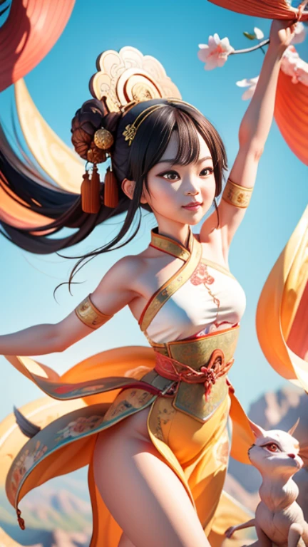 An ancient Chinese painting scroll，In the picture，The girl Chang&#39;e in gorgeous Hanfu，Charming，Curved eyebrows，slender eyes，Flying to the sky in Dunhuang style，Lightweight，The clothes are fluttering，like a dance in the air。She moves vigorously and gracefully，Complementing the ancient murals，During parkour，She makes some difficult moves from time to time，like rolling、jump、Taxi etc.，Elegant and agile posture，Combined with traditional Chinese cultural elements，Demonstrates the wisdom and strength of the Chinese nation，The whole picture is rich in color，with magnificence、Antique as the main tone。The bright colors of the murals in the Blue Rock Grottoes，Express youth and vitality；The girl Chang&#39;e&#39;s Hanfu is made of traditional Chinese red.、Bright yellow and other bright colors，Strong contrast with the background，Make the picture more vivid。The spectacular Dunhuang Grottoes in the background，Colors are warm，Showing the thickness and traces of time。In the picture心，A winding grotto corridor leads into the distance，The murals on both sides are lifelike，It's like telling an old story。There are also elements of traditional Chinese culture in the picture，Chinese dragon，Dragon culture，kite、paper lanterns、Chinese knot，national current，anime illustration，Featuring a playful character design style，Ultra high definition animation CG，3D rendering，Beautiful two-dimensional，Spring Festival poster，ultra HD16k