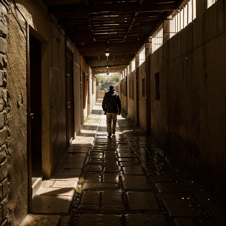 Hombre, bajo lamlluvia, caminando por un sendero , al final una luz, iluminando sus pasos