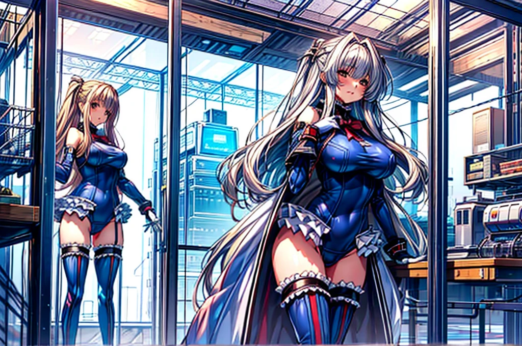3girls, ( (Digital) (8k ), medium breasts, (frilled swimsuit, thighhighs, detached sleeves)) , highest quality, marierose,1 girl,,,(Futuristic laboratory with large capsules:1.4)