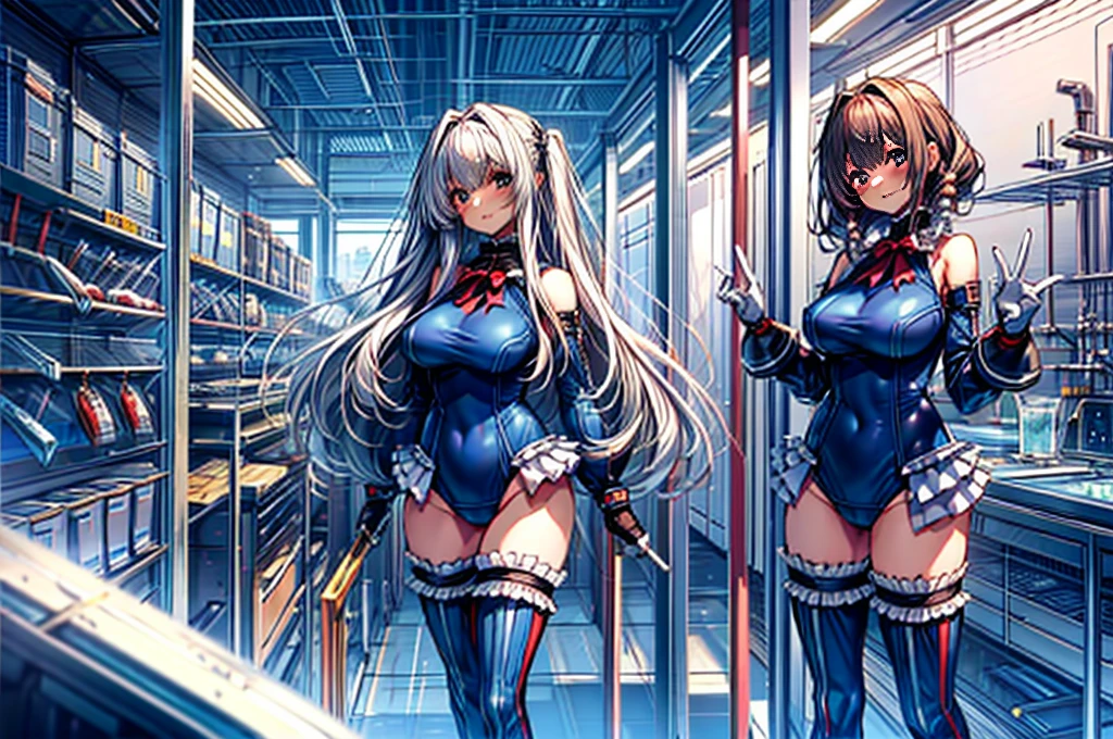 3girls, ( (Digital) (8k ), medium breasts, (frilled swimsuit, thighhighs, detached sleeves)) , highest quality, marierose,1 girl,,,(Futuristic laboratory with large capsules:1.4)