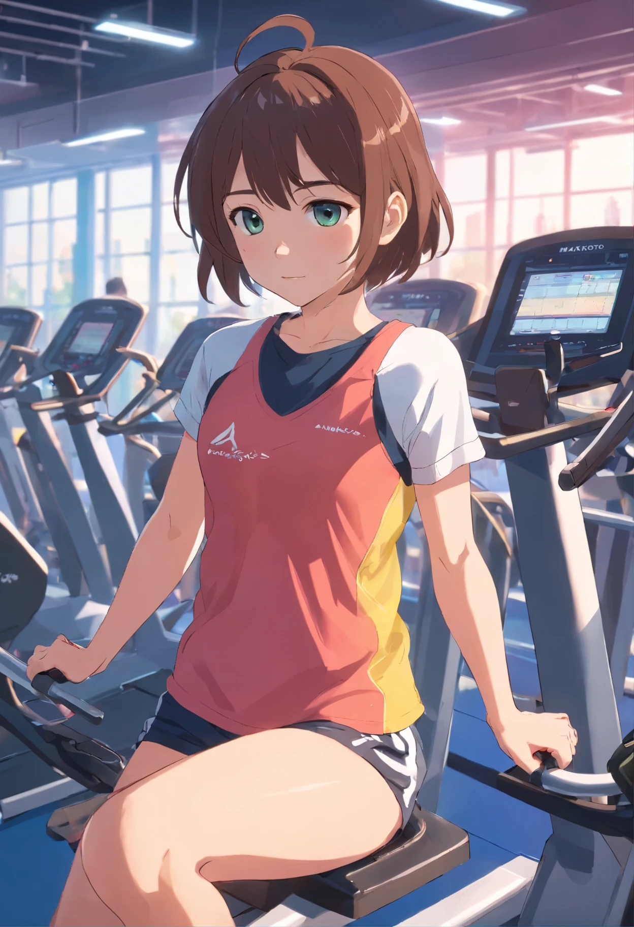 a girl，in the gym，Using heartbeat detector，Vibrant fitness equipment and busy people in the background。