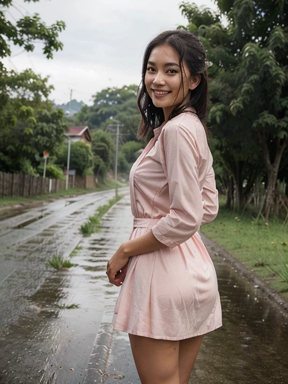 Surreal picture Young woman aged 25 Thai people have beautiful bodies Walking in a rural village wearing a thin pink dress The wind was blowing violently, his hand struggling to hold onto her skirt. smiling face On the road, there was mud on the side of the road and there were trees. It had rained a little and got wet. photorealistic The picture is beautiful, sharp and realistic.