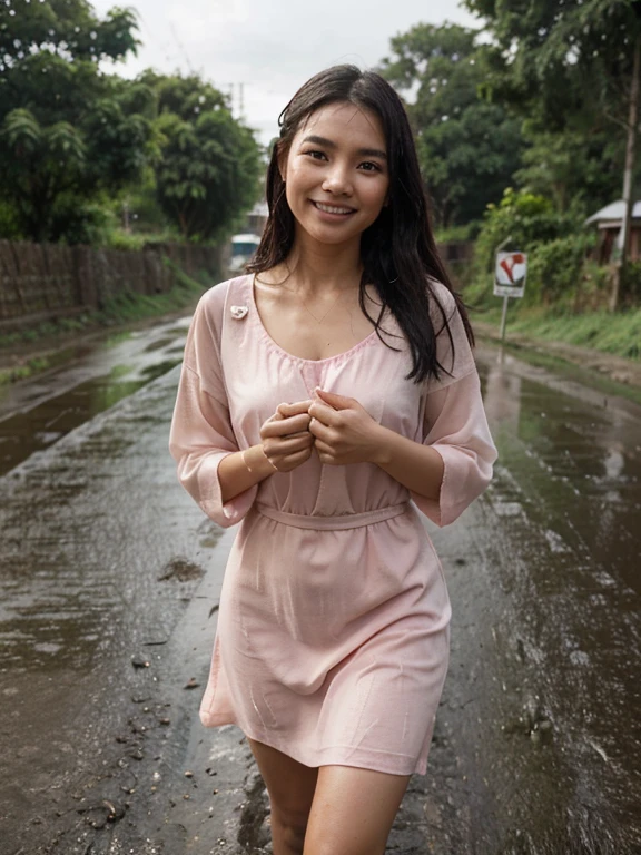 Surreal picture Young woman aged 25 Thai people have beautiful bodies Walking in a rural village wearing a thin pink dress The wind was blowing violently, his hand struggling to hold onto her skirt. smiling face On the road, there was mud on the side of the road and there were trees. It had rained a little and got wet. photorealistic The picture is beautiful, sharp and realistic.