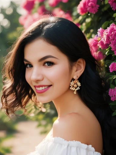 (best quality, masterpiece, ultra detailed, 8K, RAW photo), absuredres, a beautiful student model with a Tamias, in expressive (realistic white/red dress:1.3), flowy long black hair,off shoulder,grey eyes,parted greasy lips,kind smile,intricate jewelry,necklace,earrings, bliss, joyful, floral hedge background,vibrant color, colorful, depth of field,35mm Lens, f1.8, film grain,colorful