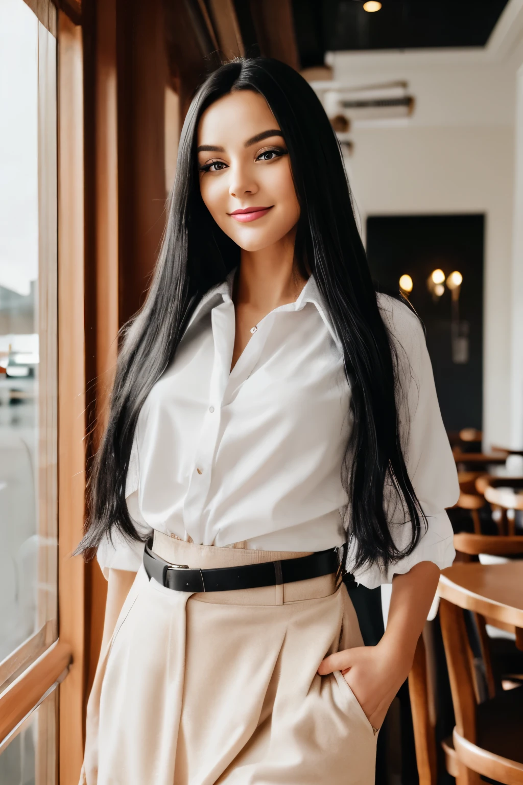 create a beautiful young woman, 21, long black hair, slightly wavy black hair, black hair, highlights, blue eyes, high resolution face, masterpiece, easy laugh, successful, business attire, blouse, tights, black tights, painted fingernails, detailed Hands, detailed shadows, with handbag, makeup, lipstick, selfie, in restaurant