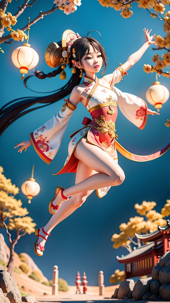 An ancient Chinese painting scroll，In the picture，The girl Chang&#39;e in gorgeous Hanfu，Charming，Curved eyebrows，slender eyes，Flying to the sky in Dunhuang style，Lightweight，The clothes are fluttering，like a dance in the air。She moves vigorously and gracefully，Complementing the ancient murals，During parkour，She makes some difficult moves from time to time，like rolling、jump、Taxi etc.，Elegant and agile posture，Combined with traditional Chinese cultural elements，Demonstrates the wisdom and strength of the Chinese nation，The whole picture is rich in color，with magnificence、Antique as the main tone。The bright colors of the murals in the Blue Rock Grottoes，Express youth and vitality；The girl Chang&#39;e&#39;s Hanfu is made of traditional Chinese red.、Bright yellow and other bright colors，Strong contrast with the background，Make the picture more vivid。The spectacular Dunhuang Grottoes in the background，Colors are warm，Showing the thickness and traces of time。In the picture心，A winding grotto corridor leads into the distance，The murals on both sides are lifelike，It's like telling an old story。There are also elements of traditional Chinese culture in the picture，Chinese dragon，Dragon culture，kite、paper lanterns、Chinese knot，national current，anime illustration，Featuring a playful character design style，Ultra high definition animation CG，3D rendering，Beautiful two-dimensional，Spring Festival poster，ultra HD16k