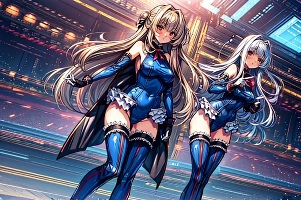 3girls, ( (Digital) (8k ), medium breasts, (frilled swimsuit, thighhighs, detached sleeves)) , highest quality, marierose,1 girl,,,(Futuristic laboratory with large capsules:1.2)