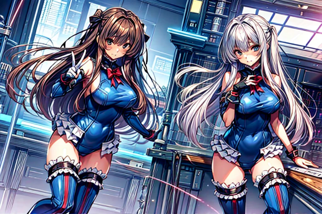 3girls, ( (Digital) (8k ), medium breasts, (frilled swimsuit, thighhighs, detached sleeves)) , highest quality, marierose,1 girl,,,(Futuristic laboratory with large capsules:1.2)