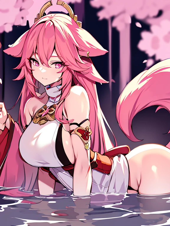Top Quality, Beauty and Aesthetics, Very Detailed, Detailed Face and Eyes,anime, 1 Girl, Fox Ears, large , Tail,fox girl,longhair,hair color pink,pink eyes, bathing in a hot spring,