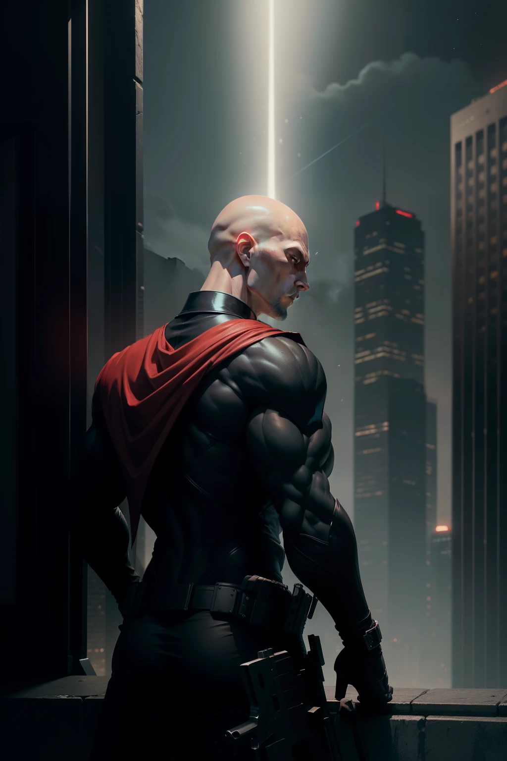 In the depths of the moonlit night, a figure cloaked in shadows emerges on the rooftop, his bald head reflecting the pale glow of the distant city lights. Dressed in a red shirt contrasting starkly against the black suit that hugs his lean frame, he is the epitome of stealth and deadly precision. As the assassin, he crouches low, the tip of his W2000 sniper rifle peering out over the edge of the building, a menacing silhouette against the star-studded sky. The richly textured scene is captured from multiple vantage points, the side and back angles revealing every intricate detail of his formidable weapon and