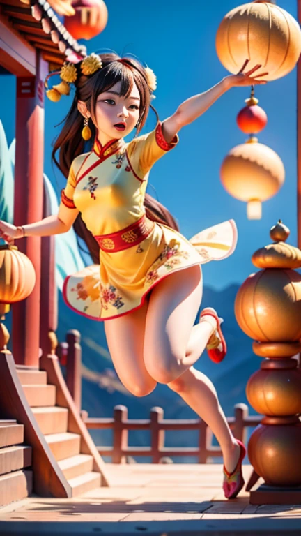 An ancient Chinese painting scroll，In the picture，The girl Chang&#39;e in gorgeous Hanfu，Charming，Curved eyebrows，slender eyes，Flying to the sky in Dunhuang style，Lightweight，The clothes are fluttering，like a dance in the air。She moves vigorously and gracefully，Complementing the ancient murals，During parkour，She makes some difficult moves from time to time，like rolling、jump、Taxi etc.，Elegant and agile posture，Combined with traditional Chinese cultural elements，Demonstrates the wisdom and strength of the Chinese nation，The whole picture is rich in color，with magnificence、Antique as the main tone。The bright colors of the murals in the Blue Rock Grottoes，Express youth and vitality；The girl Chang&#39;e&#39;s Hanfu is made of traditional Chinese red.、Bright yellow and other bright colors，Strong contrast with the background，Make the picture more vivid。The spectacular Dunhuang Grottoes in the background，Colors are warm，Showing the thickness and traces of time。In the picture心，A winding grotto corridor leads into the distance，The murals on both sides are lifelike，It's like telling an old story。There are also elements of traditional Chinese culture in the picture，Chinese dragon，Dragon culture，kite、paper lanterns、Chinese knot，national current，anime illustration，Featuring a playful character design style，Ultra high definition animation CG，3D rendering，Beautiful two-dimensional，Spring Festival poster，ultra HD16k