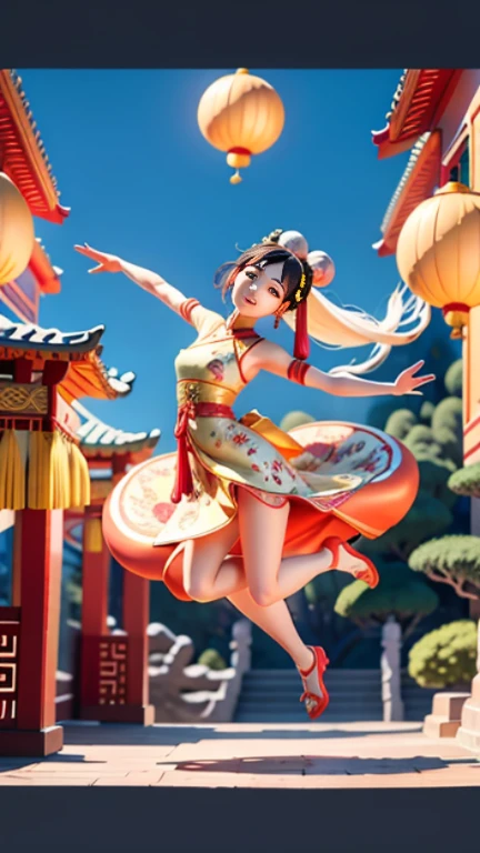 An ancient Chinese painting scroll,In the picture,The girl Chang'e in gorgeous Hanfu,Charming,Curved eyebrows,slender eyes,Flying to the sky in Dunhuang style,Lightweight,The clothes are fluttering,like a dance in the air。She moves vigorously and gracefully,Complementing the ancient murals,During parkour,She makes some difficult moves from time to time,like rolling、jump、Taxi etc.,Elegant and agile posture,Combined with traditional Chinese cultural elements,Demonstrates the wisdom and strength of the Chinese nation,The whole picture is rich in color,with magnificence、Antique as the main tone。The bright colors of the murals in the Blue Rock Grottoes,Express youth and vitality;The girl Chang'e's Hanfu is made of traditional Chinese red.、Bright yellow and other bright colors,Strong contrast with the background,Make the picture more vivid。The spectacular Dunhuang Grottoes in the background,Colors are warm,Showing the thickness and traces of time。In the picture心,A winding grotto corridor leads into the distance,The murals on both sides are lifelike,It's like telling an old story。There are also elements of traditional Chinese culture in the picture,Chinese dragon,Dragon culture,kite、paper lanterns、Chinese knot,national current,anime illustration,Featuring a playful character design style,Ultra high definition animation CG,3D rendering,Beautiful two-dimensional,Spring Festival poster,ultra HD16k