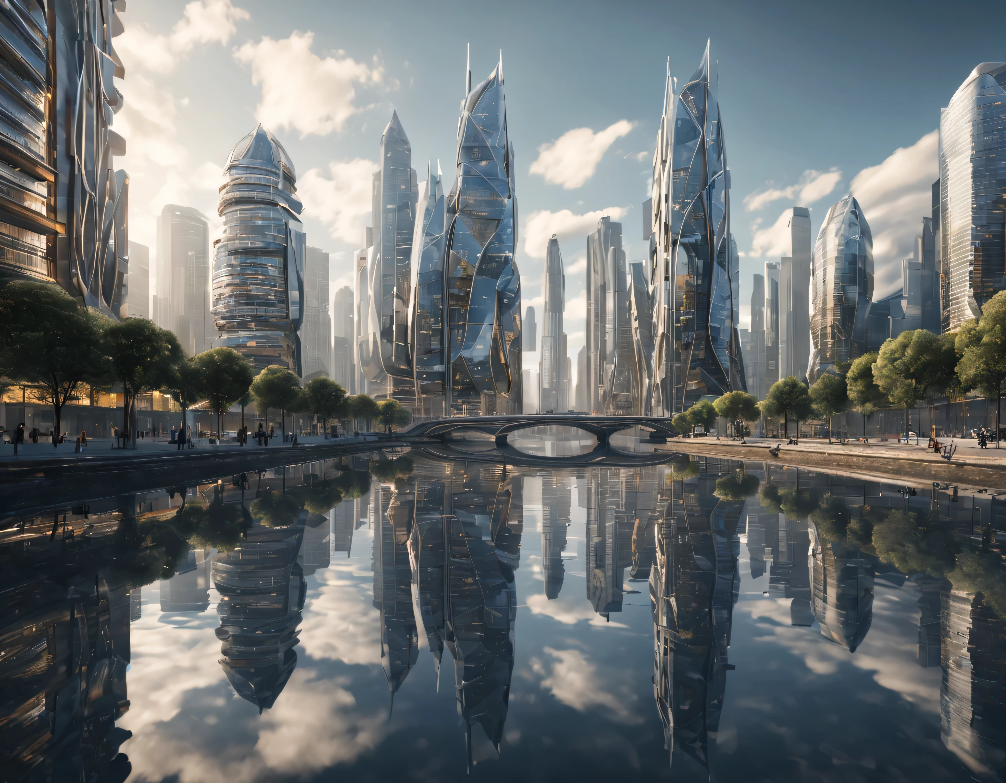 A futuristic urban landscape with technologically advanced architecture that corresponds to year 3.039, en 8K de gran realismo a la hora dorada, with intricate reflections of skyscrapers in the glassy surface of a river. todo lleno de imaginacion,ciencia ficcion y (intrincados detalles de la maquina).imagen fotorrealista,nitidez maxima, calidad de imagen 8k.(obra maestra de calidad superior).(renderizado 3D)