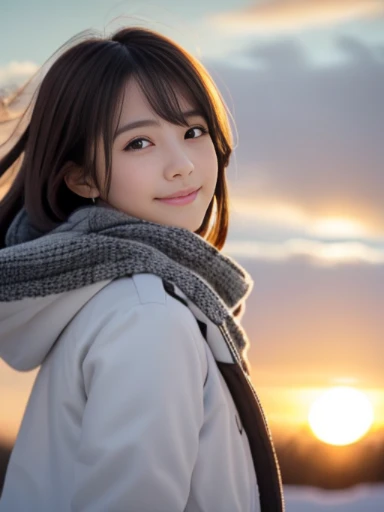 (Close up portrait of slender girl with twin-tailed hair in winter uniform with white winter coat and gray scarf :1.5)、(The girl looks back with a happy face:1.5)、(Girl's hair fluttering in the wind:1.5)、(Big sunset red sky covered with beautiful snow:1.5)、(Perfect Anatomy:1.3)、(No mask:1.3)、(complete fingers:1.3)、Photorealistic、Photography、masutepiece、top-quality、High resolution, delicate and pretty、face perfect、Beautiful detailed eyes、Fair skin、Real Human Skin、pores、((thin legs))、(Dark hair)