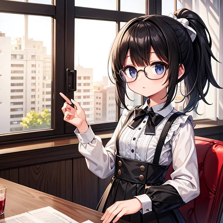 high quality,,glasses girl,short,young,black hair,ponytail,bangs bangs,white blouse,Window,small breasts