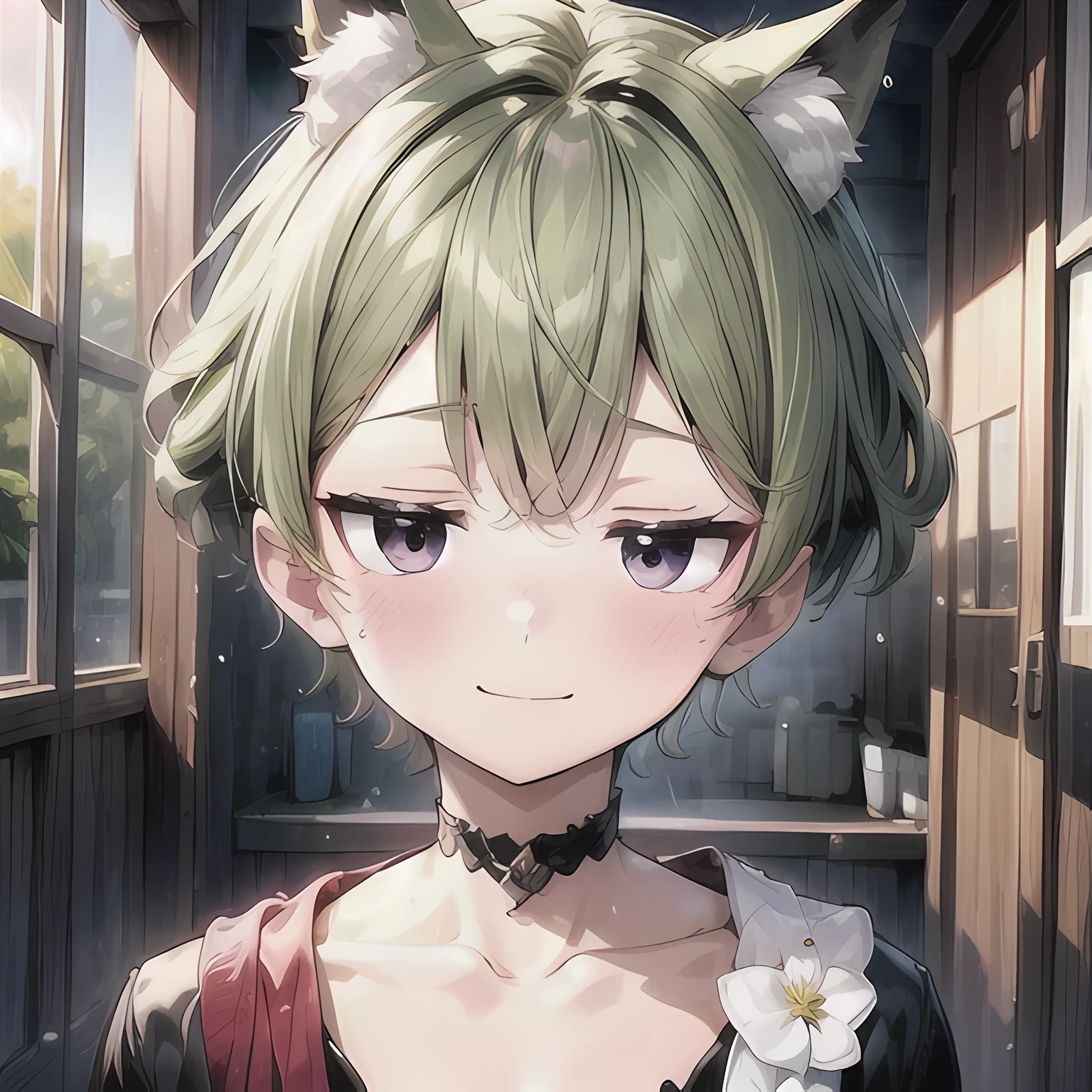 (Masterpiece, best quality, 8k, sharp), 1boy, ((moss green hair)), fluffy bangs, ((short ponytail)), (moss green fox ears that match hair color, three small moss green fox tails that match hair color, young, 8 ), flat chest, japanese, pale skin, (wearing wool sweater), pale skin, ((big violet eyes, looking at viewer, cheerful expression, small smile)), human face, cute, ((half-closed eyes), at home, in the living room, youthful appearance, moss green hair