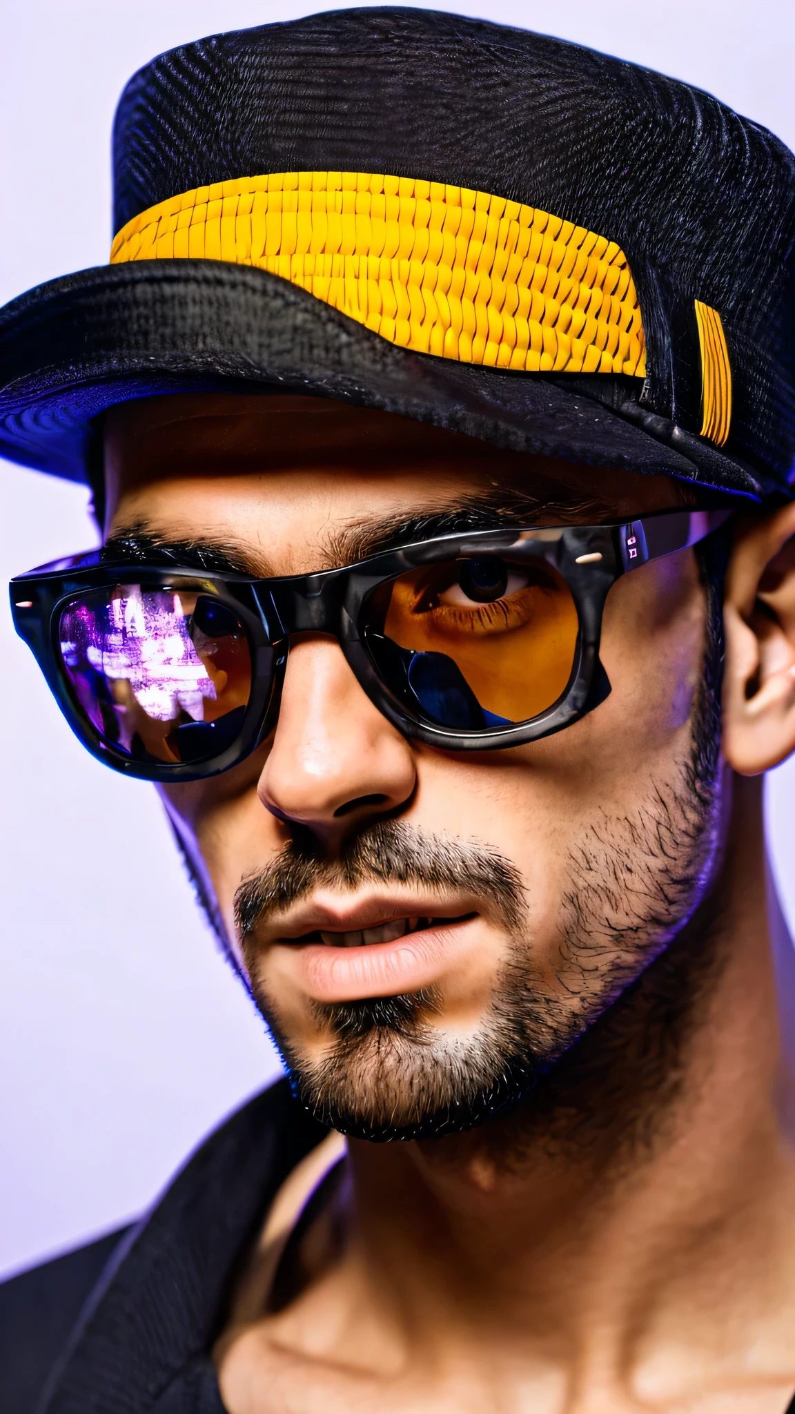 (best quality,8K resolution,high resolution,masterpiece:1.2),Handsome boy wearing black-rimmed glasses,cool look,wearing a hat,head tilted up,close-up,Super detailed, Portrait Photogram, bright colors, studio lighting