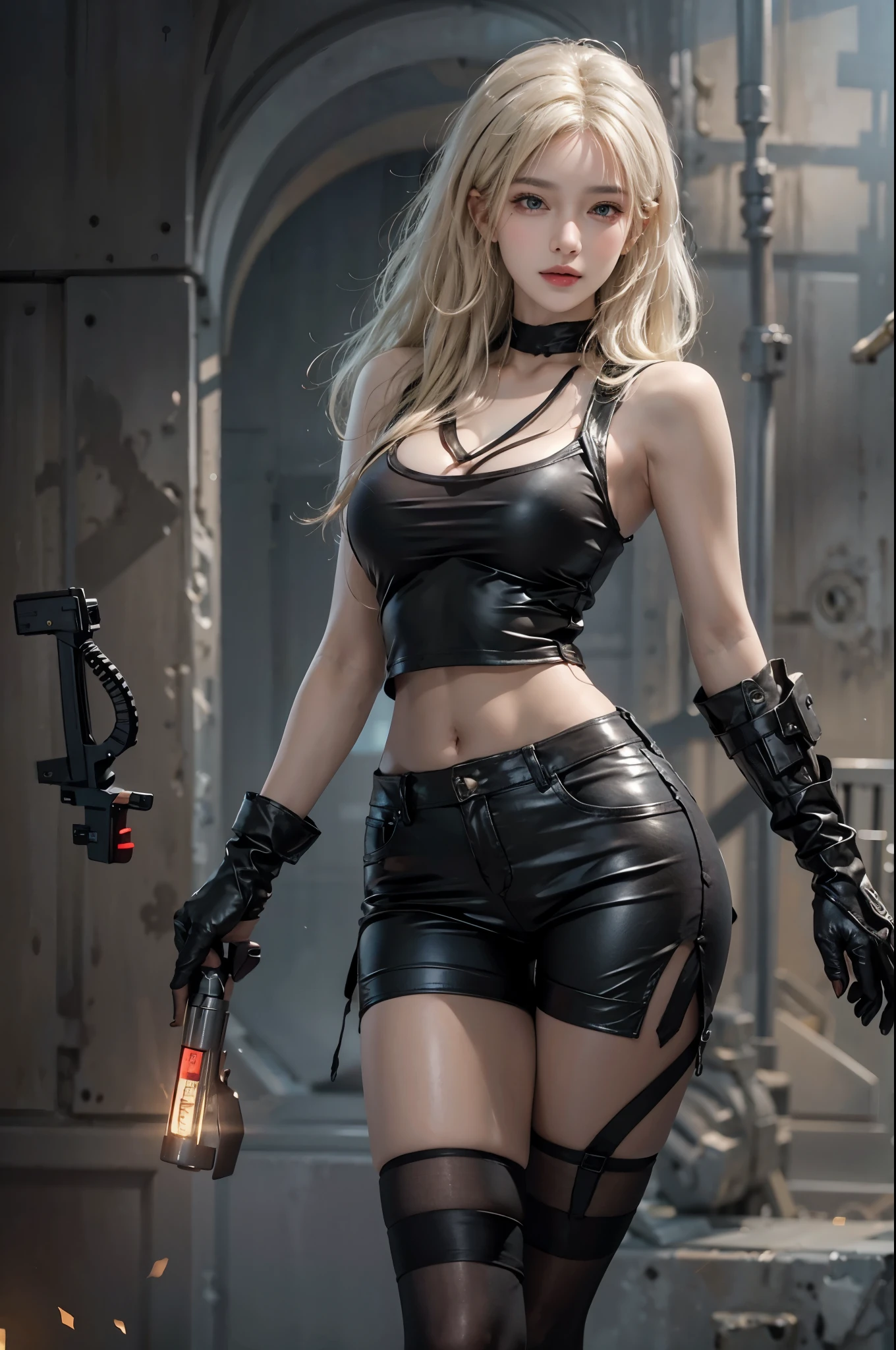 realistic, High resolution, soft light,1 female, alone, hip up, glowing skin, (detailed face),tattoo, jewelry, Bizarre uniform, black stockings, garter belt, night, blonde hair, wavy hair, Beautiful Soldier, Eyes that invite the viewer, lover's perspective, an inviting look, sexy smile, perfect style, perfect balance, fine skin, naughty look, I can see your chest、cyber punk