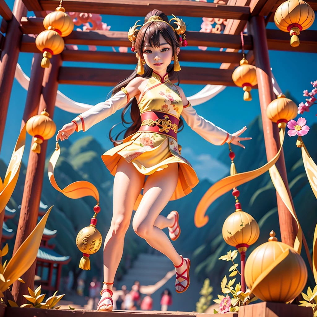 An ancient Chinese painting scroll，In the picture，The girl Chang&#39;e in gorgeous Hanfu，Charming，Curved eyebrows，slender eyes，Flying to the sky in Dunhuang style，Lightweight，The clothes are fluttering，like a dance in the air。She moves vigorously and gracefully，Complementing the ancient murals，During parkour，She makes some difficult moves from time to time，like rolling、jump、Taxi etc.，Elegant and agile posture，Combined with traditional Chinese cultural elements，Demonstrates the wisdom and strength of the Chinese nation，The whole picture is rich in color，with magnificence、Antique as the main tone。The bright colors of the murals in the Blue Rock Grottoes，Express youth and vitality；The girl Chang&#39;e&#39;s Hanfu is made of traditional Chinese red.、Bright yellow and other bright colors，Strong contrast with the background，Make the picture more vivid。The spectacular Dunhuang Grottoes in the background，Colors are warm，Showing the thickness and traces of time。In the picture心，A winding grotto corridor leads into the distance，The murals on both sides are lifelike，It's like telling an old story。There are also elements of traditional Chinese culture in the picture，Chinese dragon，Dragon culture，kite、paper lanterns、Chinese knot，national current，anime illustration，Featuring a playful character design style，Ultra high definition animation CG，3D rendering，Beautiful two-dimensional，Spring Festival poster，ultra HD16k