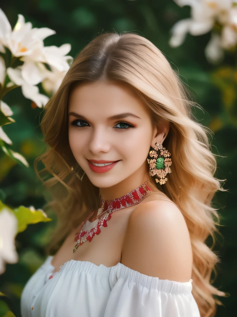 (best quality, masterpiece, ultra detailed, 8K, RAW photo), absuredres, a beautiful student model with a Tamias, in expressive (realistic white/red dress:1.3), flowy long blond hair,off shoulder,grey eyes,parted greasy lips,kind smile,intricate jewelry,necklace,earrings, bliss, joyful, floral hedge background,vibrant color, colorful, depth of field,35mm Lens, f1.8, film grain,colorful