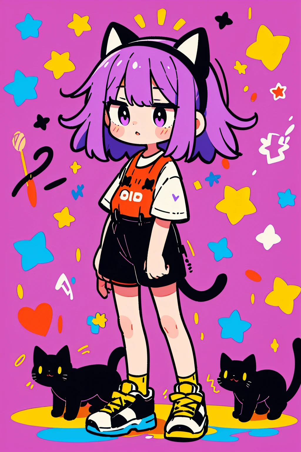 This is an illustration，Showing a girl with her cat。girl has long purple hair，Wearing a red hair accessory on her head。She was wearing a white T-shirt，It has the word &quot;ED&quot; printed on it，Pair with dark shorts and sneakers。Surrounded by cats with different expressions，like a black cat、white cat etc.。background is purple，and has many decorative elements，heart-shaped、Star、Lightning, etc。The overall style is cute，Bright colors。